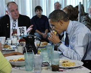 President Obama at lunch with Rolf Schlake of Applied Separations, 2009